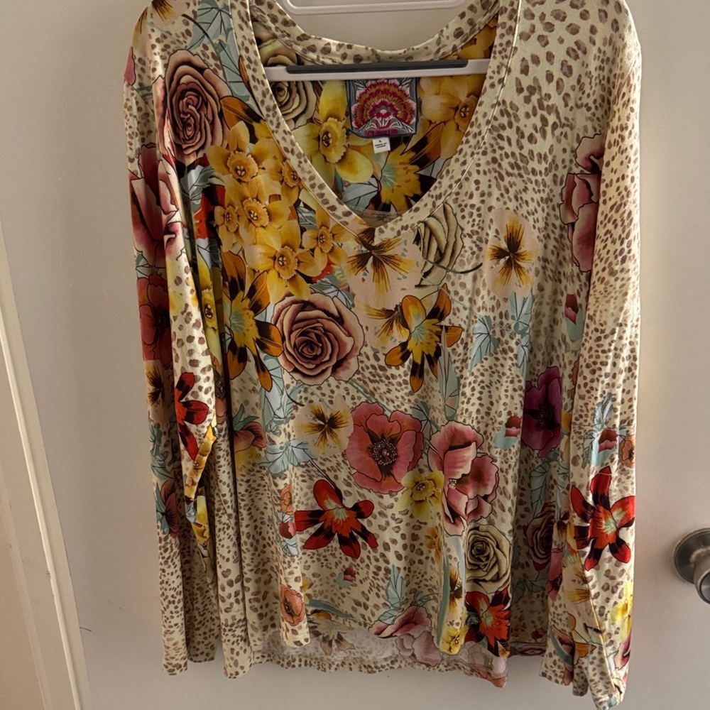 Johnny Was Multicolor Floral and Leopard V-Neck Blouse